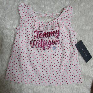 NWT Toddler Girls TOMMY HILFIGER LOGO Shirt Tank Top White w/Fuchsia dots 3T